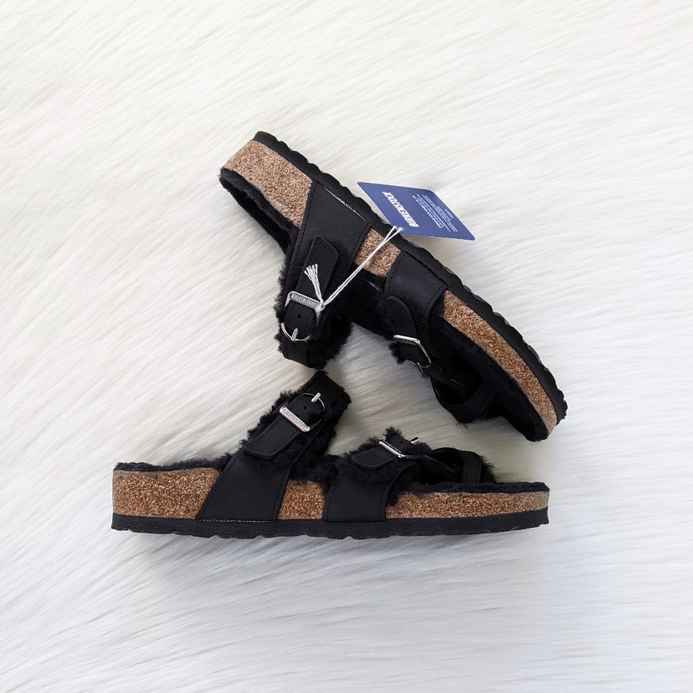 Birkenstock Mayari Black Shearling Lined Oiled Leather Sandals Size 7 - NIB